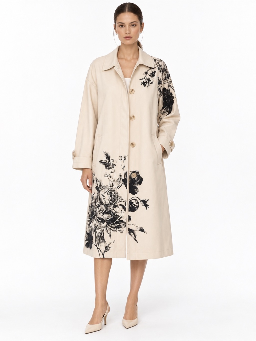Anewsta Cream Black Floral Print Long Coat Jacket Size M US 6 NWT